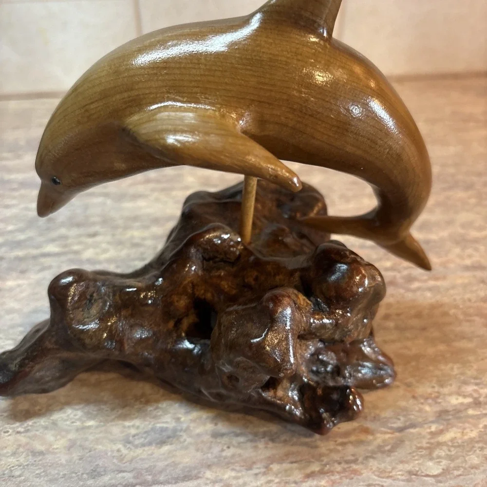Vintage Hand Carved Dolphin Wooden Mounted On Burlwood Signed Merle porter
